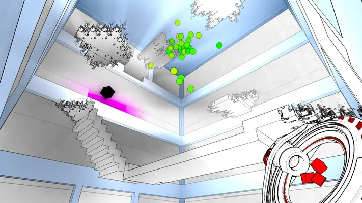 Screenshot of Antichamber showing the strange hypercube beyond moving floors and green particles.