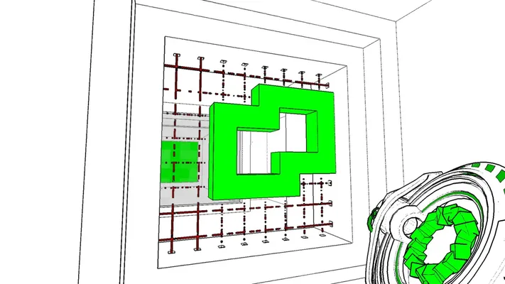 Screenshot of Antichamber showing a puzzle involving green cubes and a laser grid.