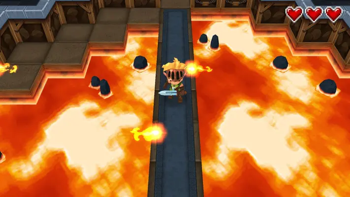 Screenshot of Evoland showing the game when it's in full 3D as you traverse lava and fireballs in a dungeon.
