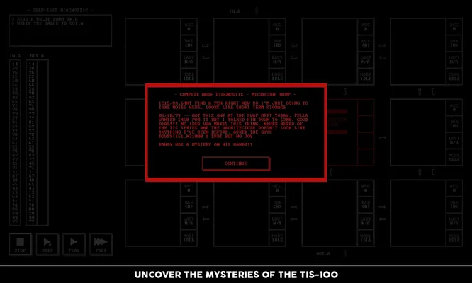 Screenshot of TIS-100 showing the diary world building.